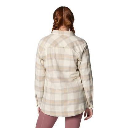 Woman wearing Columbia Women's Holly Hideaway™ Flannel Shirt in chalk buffalo tartan, back view