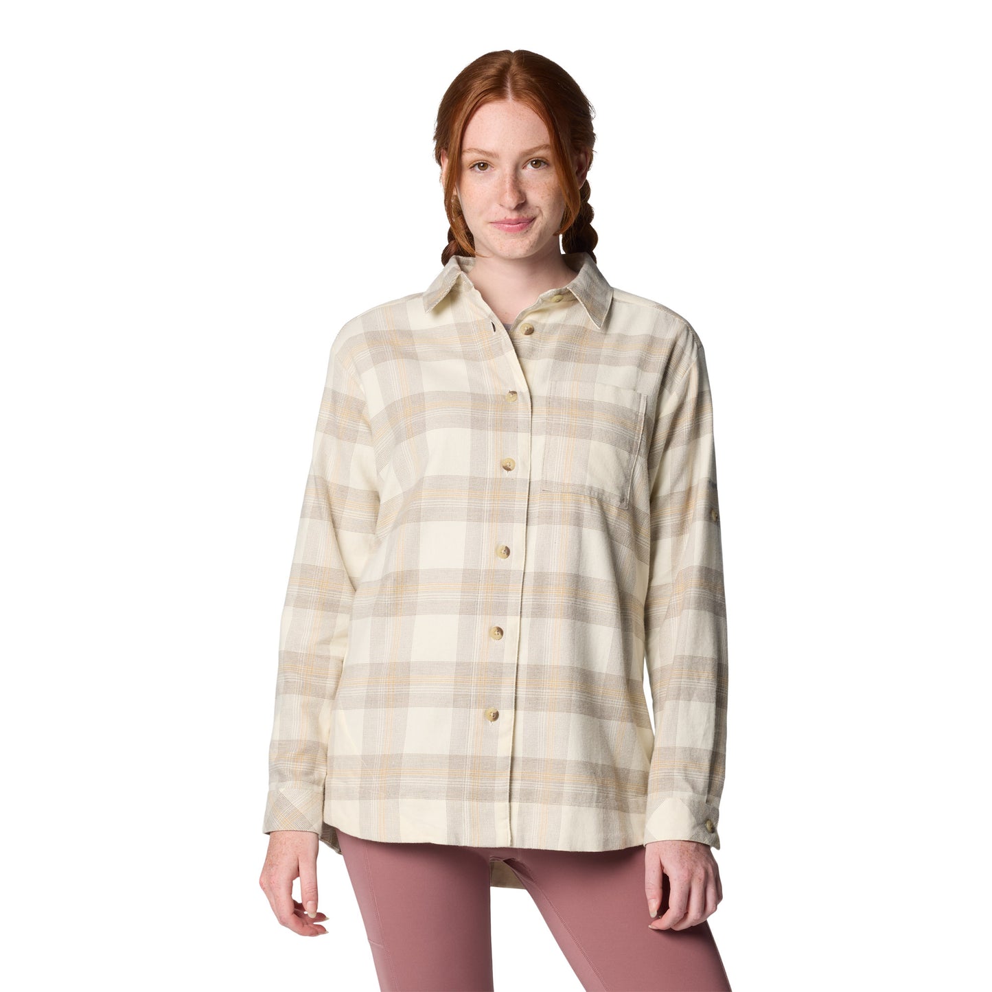 Woman wearing Columbia Women's Holly Hideaway™ Flannel Shirt in chalk buffalo tartan, front view