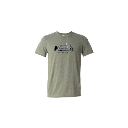 Unisex Soft Style T-Shirt in heather military green with image of bear outside of a trailer with words Canned Food below