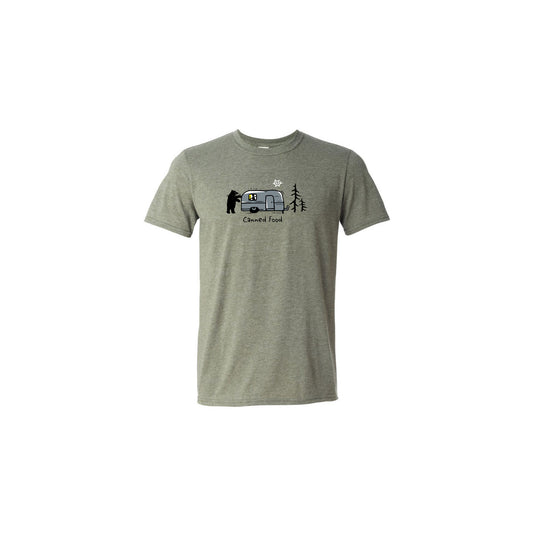 Product Image – Unisex Soft Style T-Shirt in heather military green with image of bear outside of a trailer with words Canned Food below