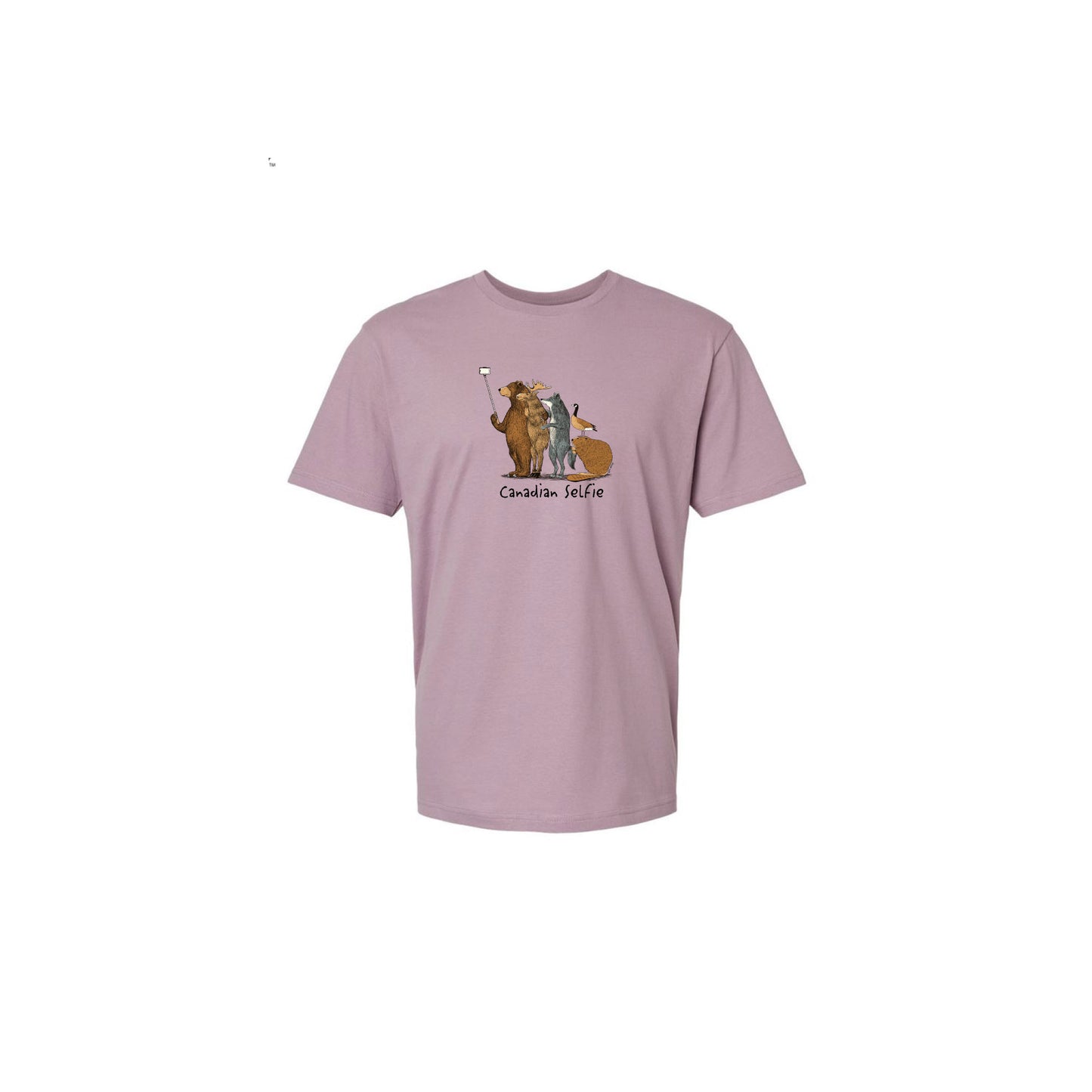 Unisex Soft Style T-Shirt - Canadian Selfie in paragon pinkish purple colour with cartoon image of wildlife animals taking a selfie together