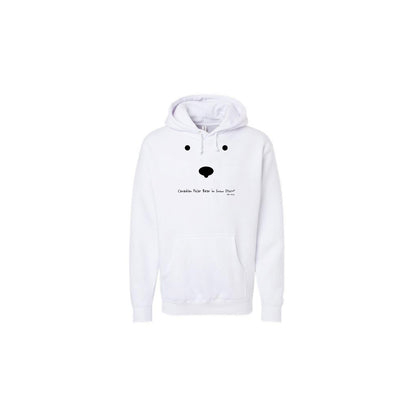 White polar bear hoodie with two black eyes and black nose with words that say Canadian Polar Bear in Snow Storm