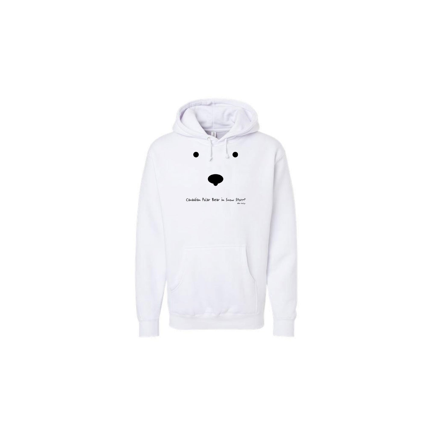 White polar bear hoodie with two black eyes and black nose with words that say Canadian Polar Bear in Snow Storm