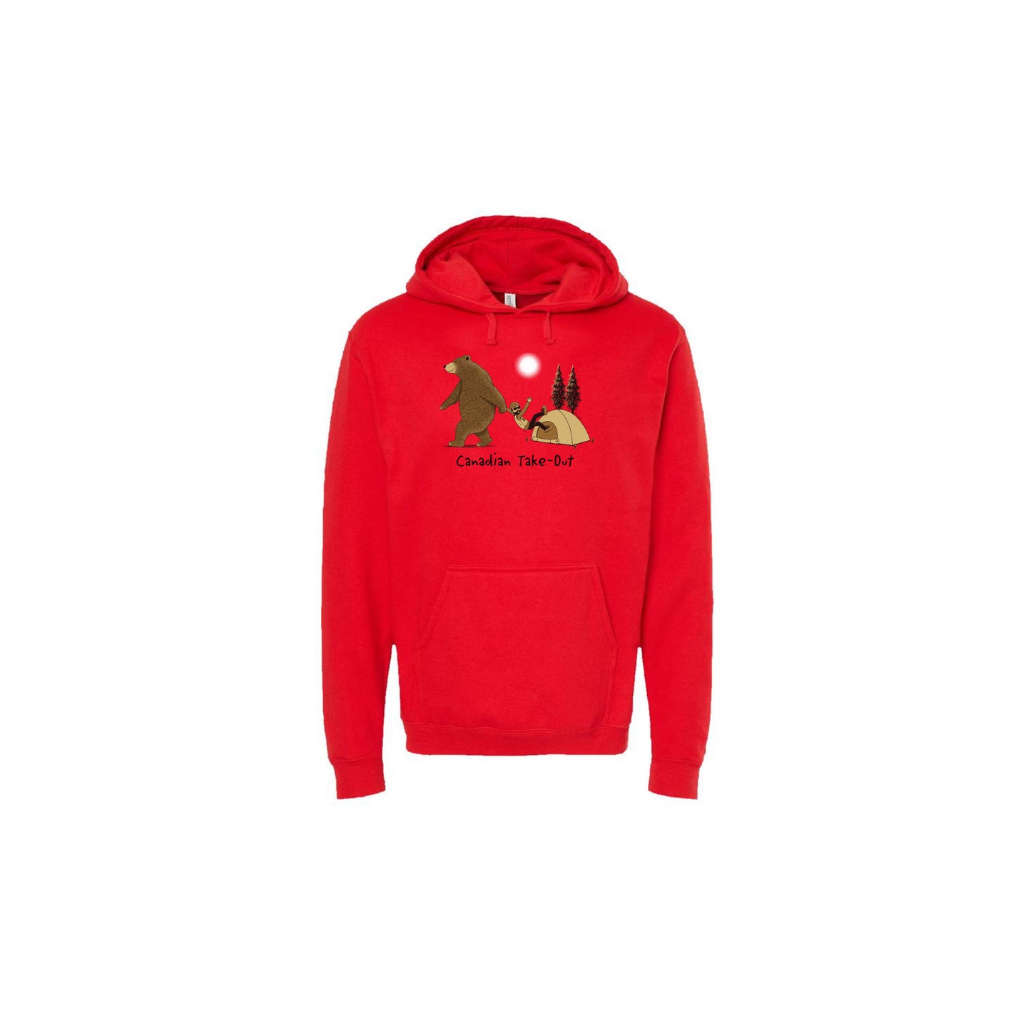 Unisex Canadian Take-Out Hoodie in red with cartoon image of bear dragging a person out from a tent