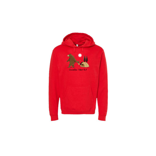 Product Image – Unisex Canadian Take-Out Hoodie in red with cartoon image of bear dragging a person out from a tent