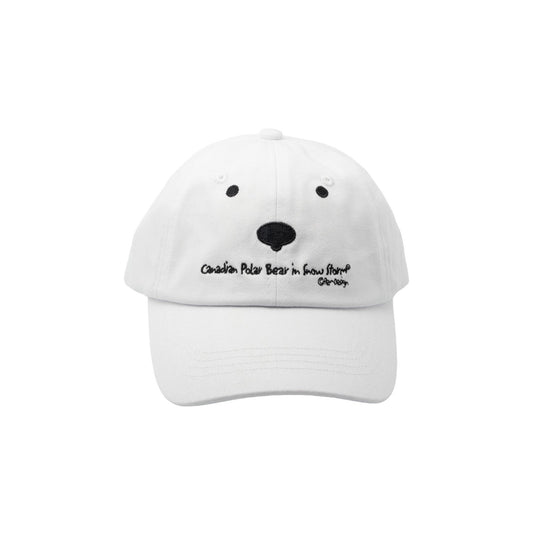 Product Image – Adult Ball Cap in white with black polar bear face and words that say Canadian Polar Bear in Snow Storm