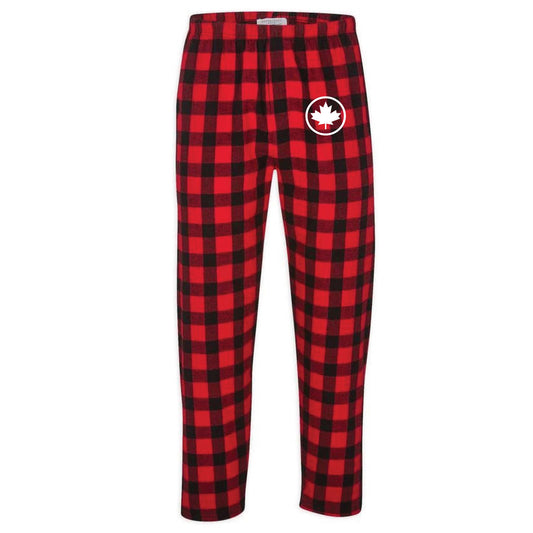 Product Image – Unisex Canadian Plaid Lounge Pants in red and black checkered plaid with white maple leaf in circle on left thigh