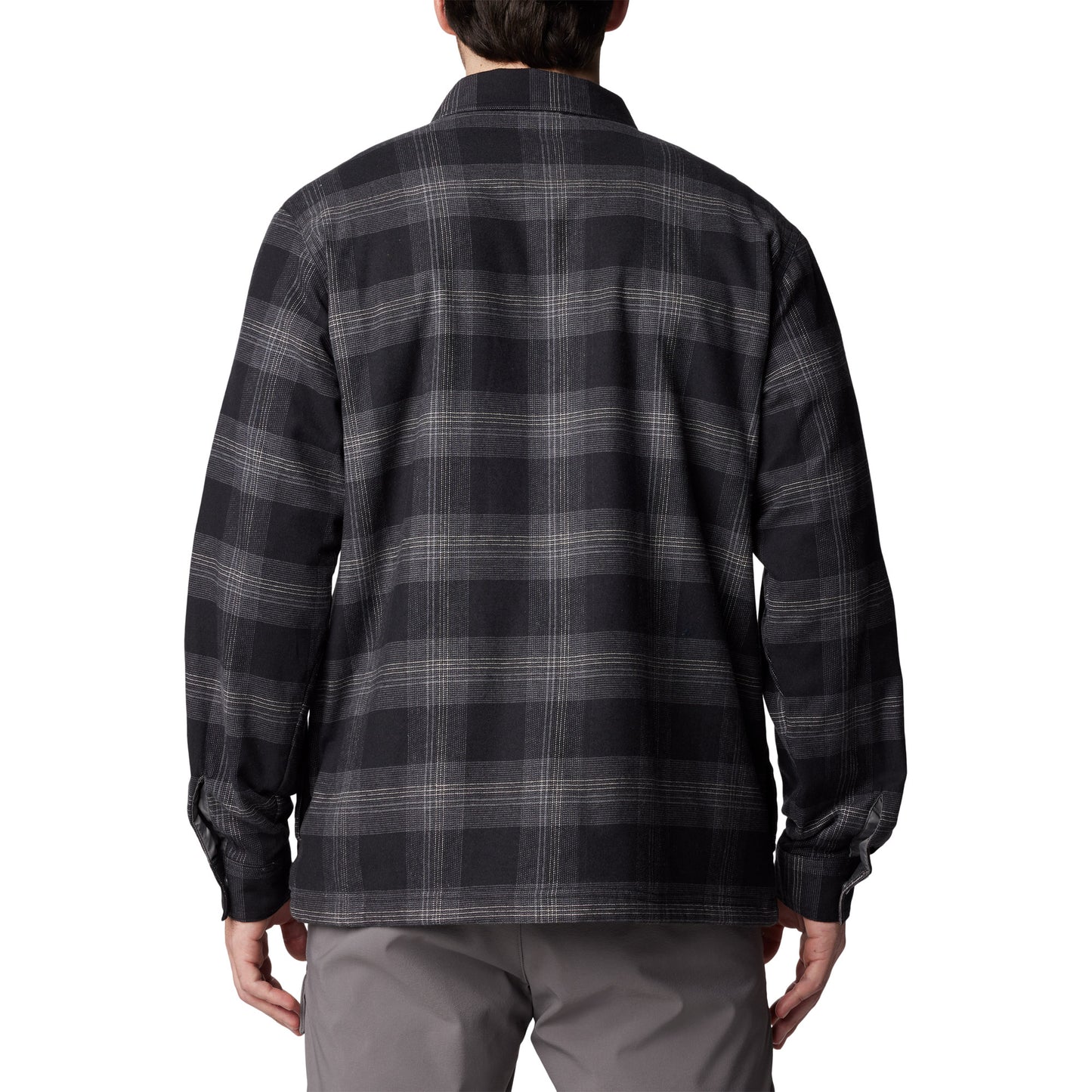 Man wearing Columbia Men's Cornell Woods™ Fleece Lined Shirt Jacket in black buffalo tartan, back view