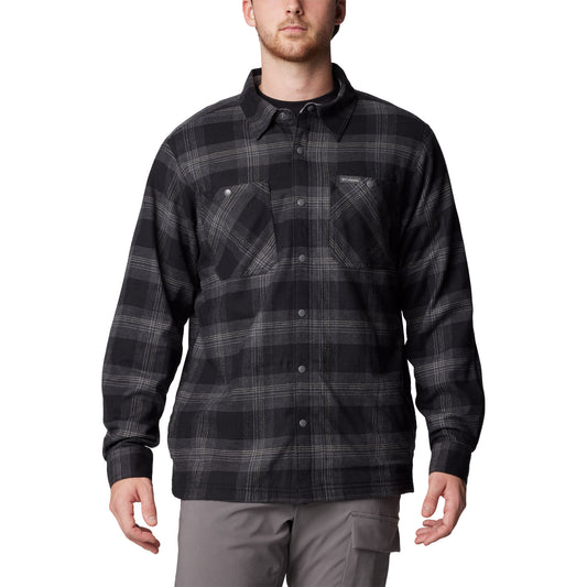 Product Image – Man wearing Columbia Men's Cornell Woods™ Fleece Lined Shirt Jacket in black buffalo tartan, buttoned up