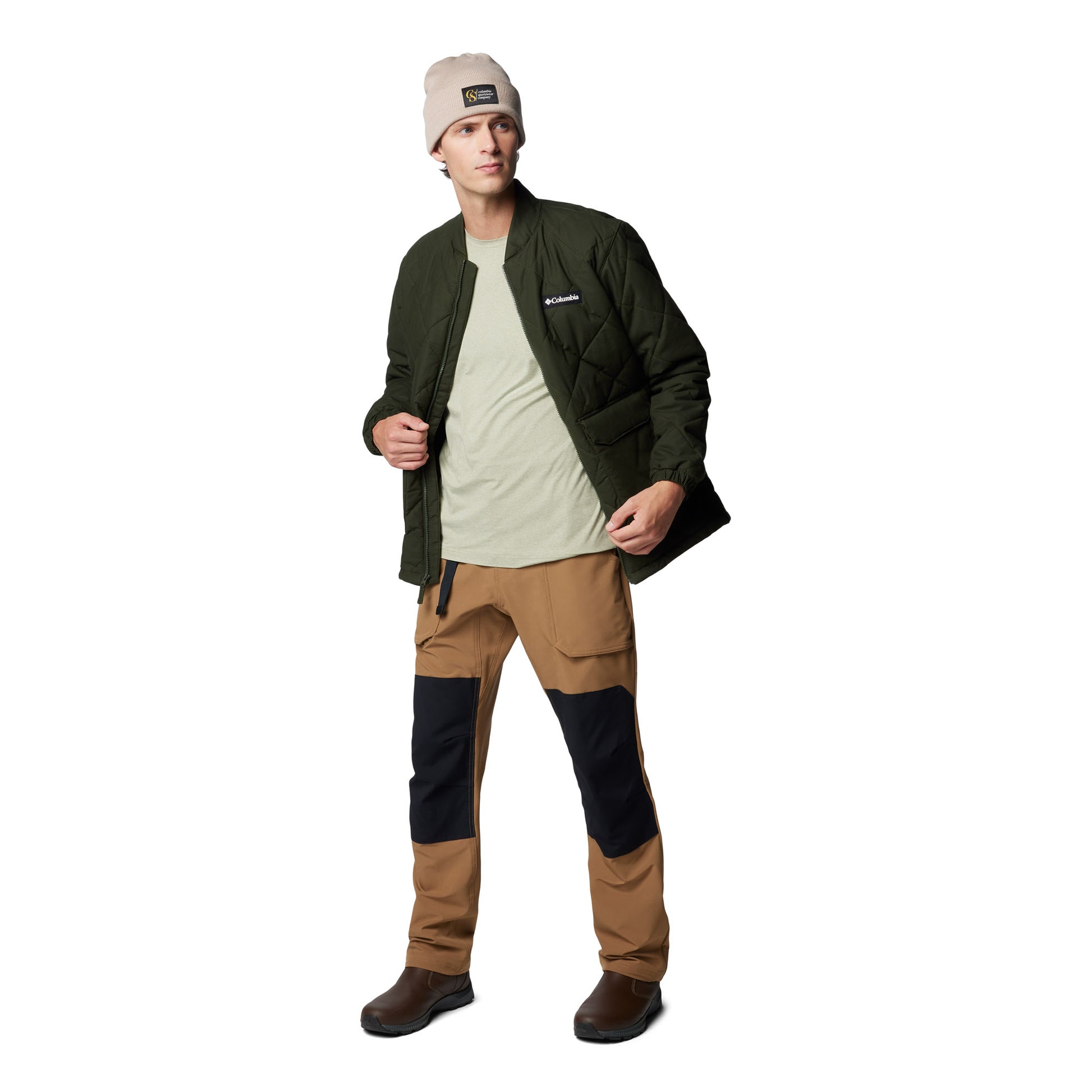 Man wearing Columbia Men's Rad Padded™ Jacket in greenscape colour, front view, unzipped, with tan pants and beige toque