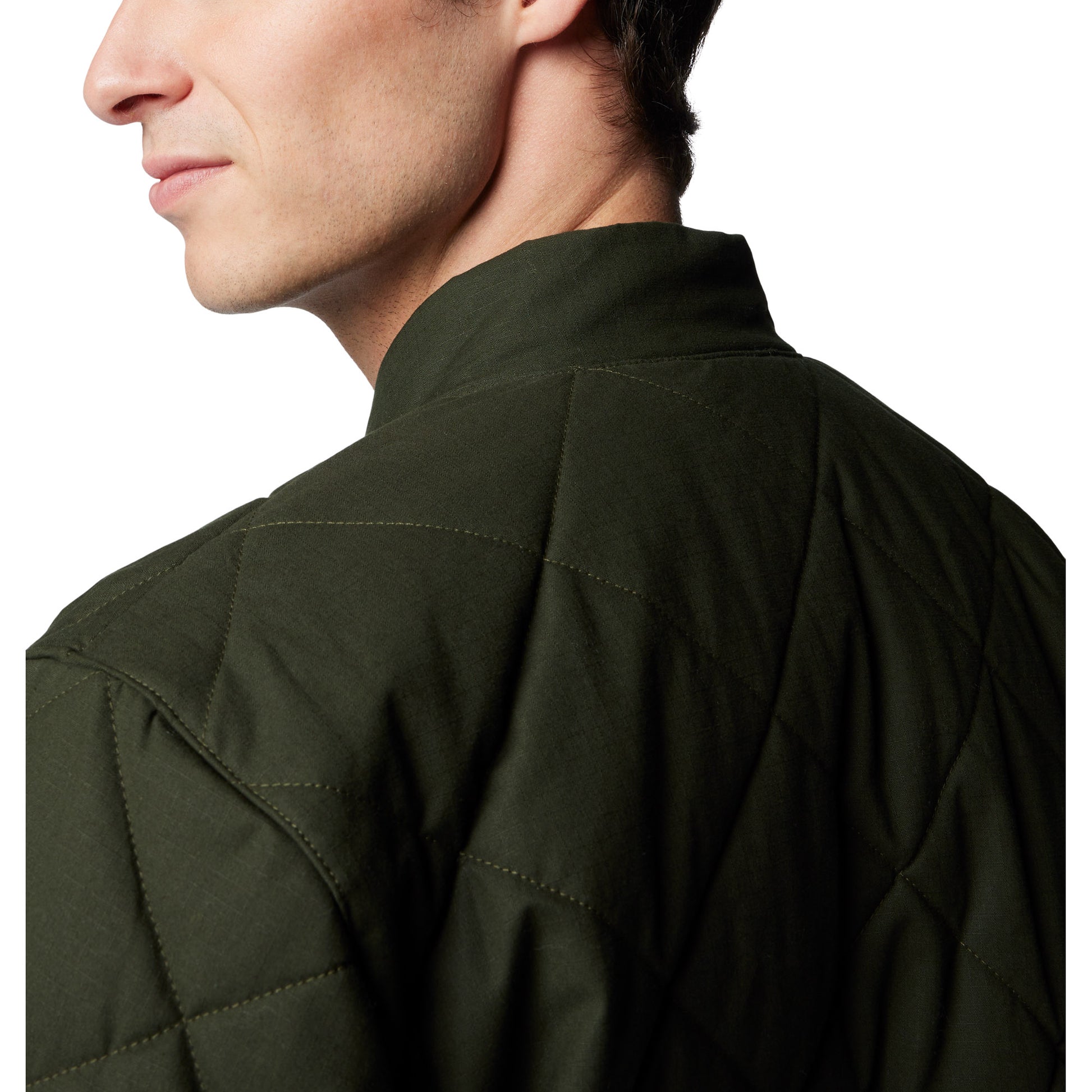 Top back half of man wearing Columbia Men's Rad Padded™ Jacket in greenscape colour