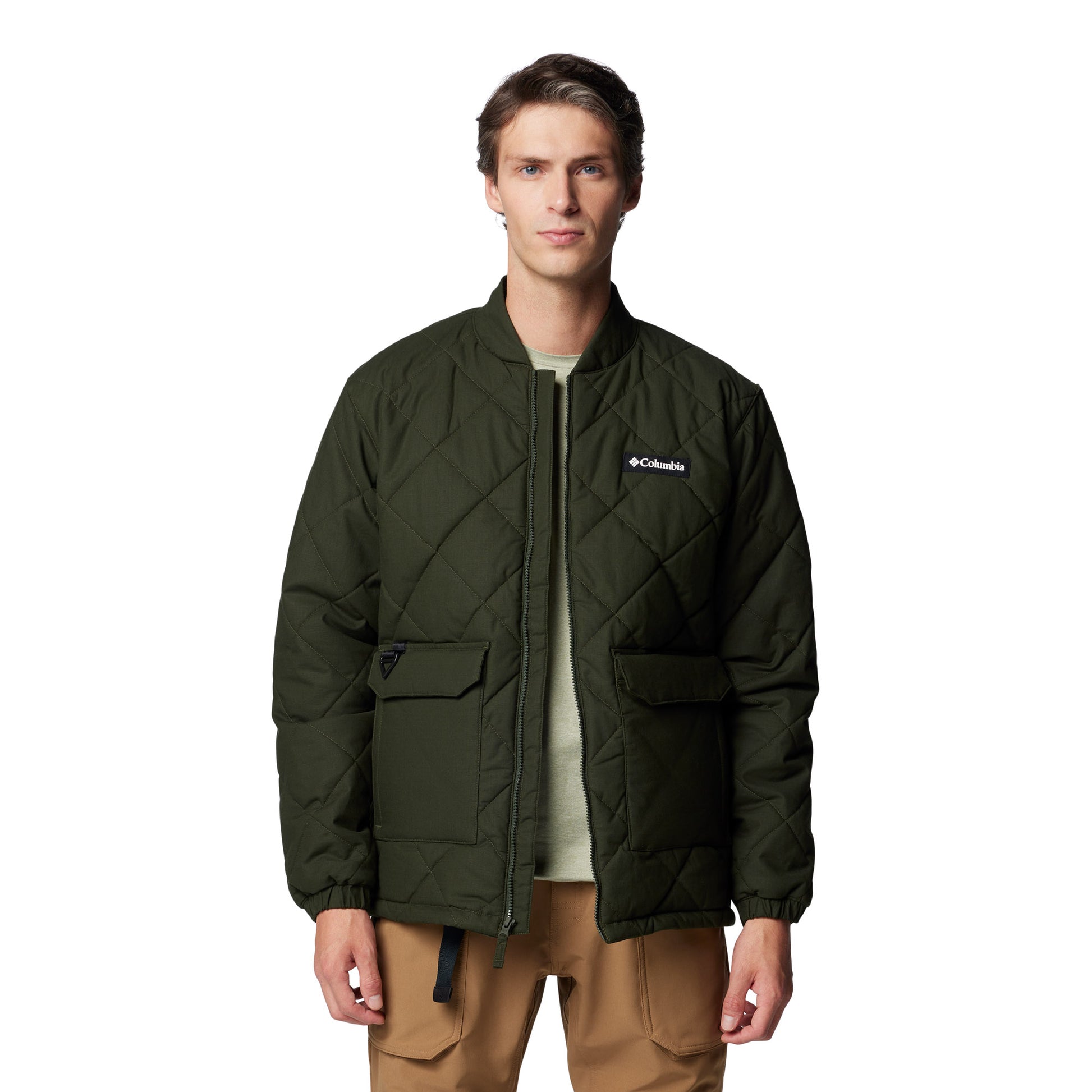 Man wearing Columbia Men's Rad Padded™ Jacket in greenscape colour, front view, unzipped