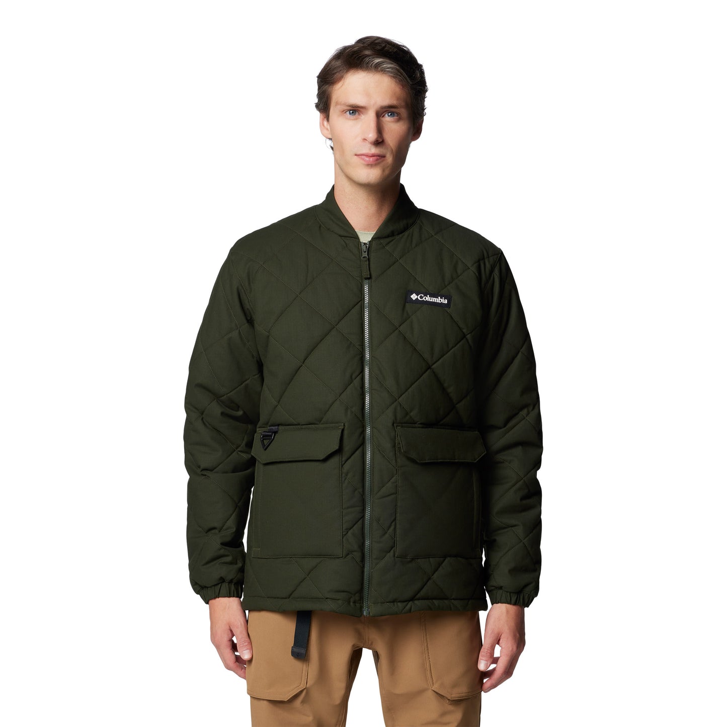 Man wearing Columbia Men's Rad Padded™ Jacket in greenscape colour, front view, zipped up