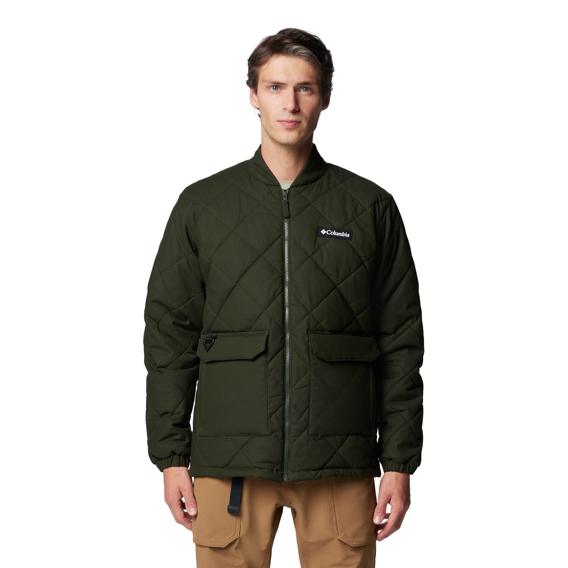 Man wearing Columbia Men's Rad Padded™ Jacket in greenscape colour, front view, zipped up