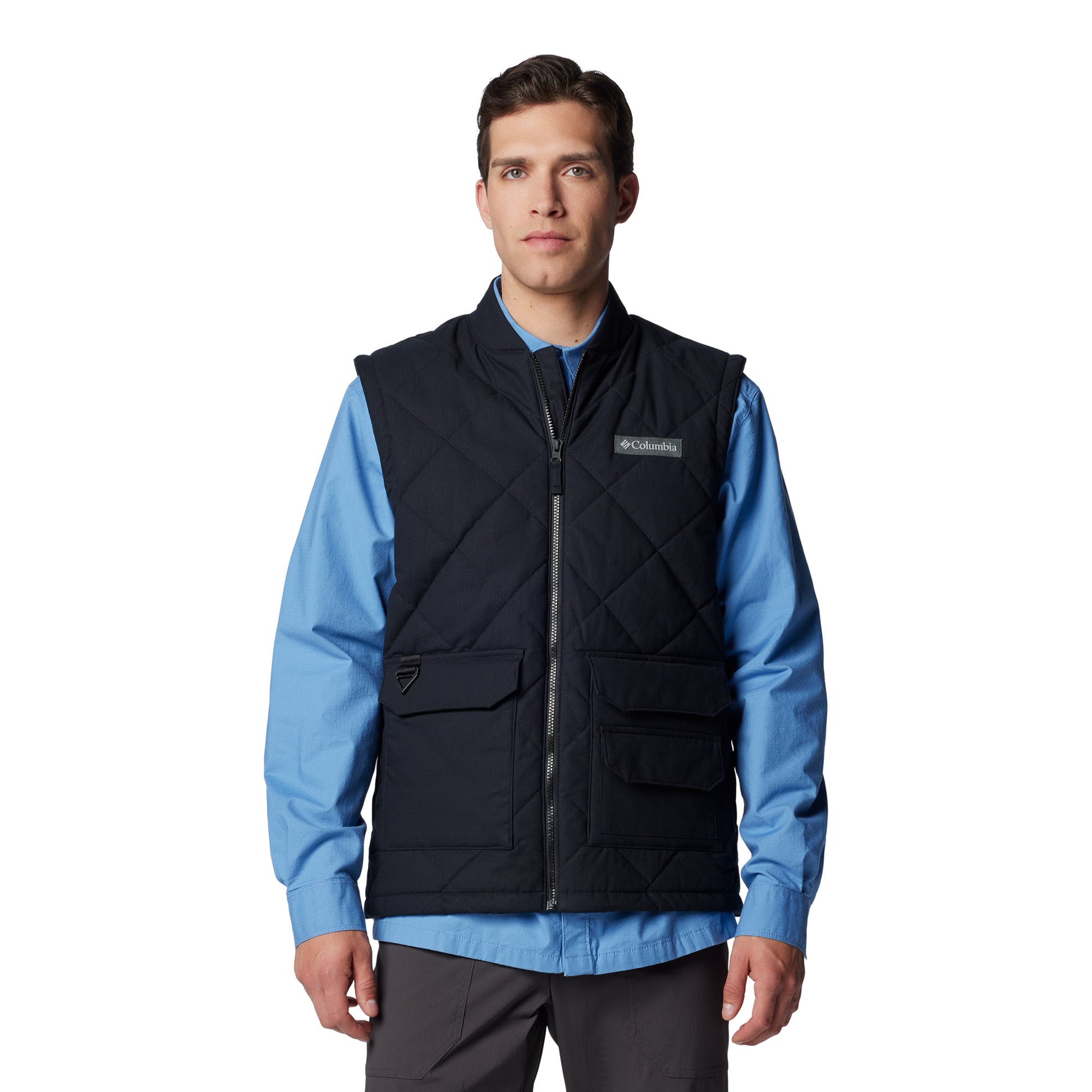 Man wearing Columbia Men's Rad Padded™ Vest in black, front view, zipped up