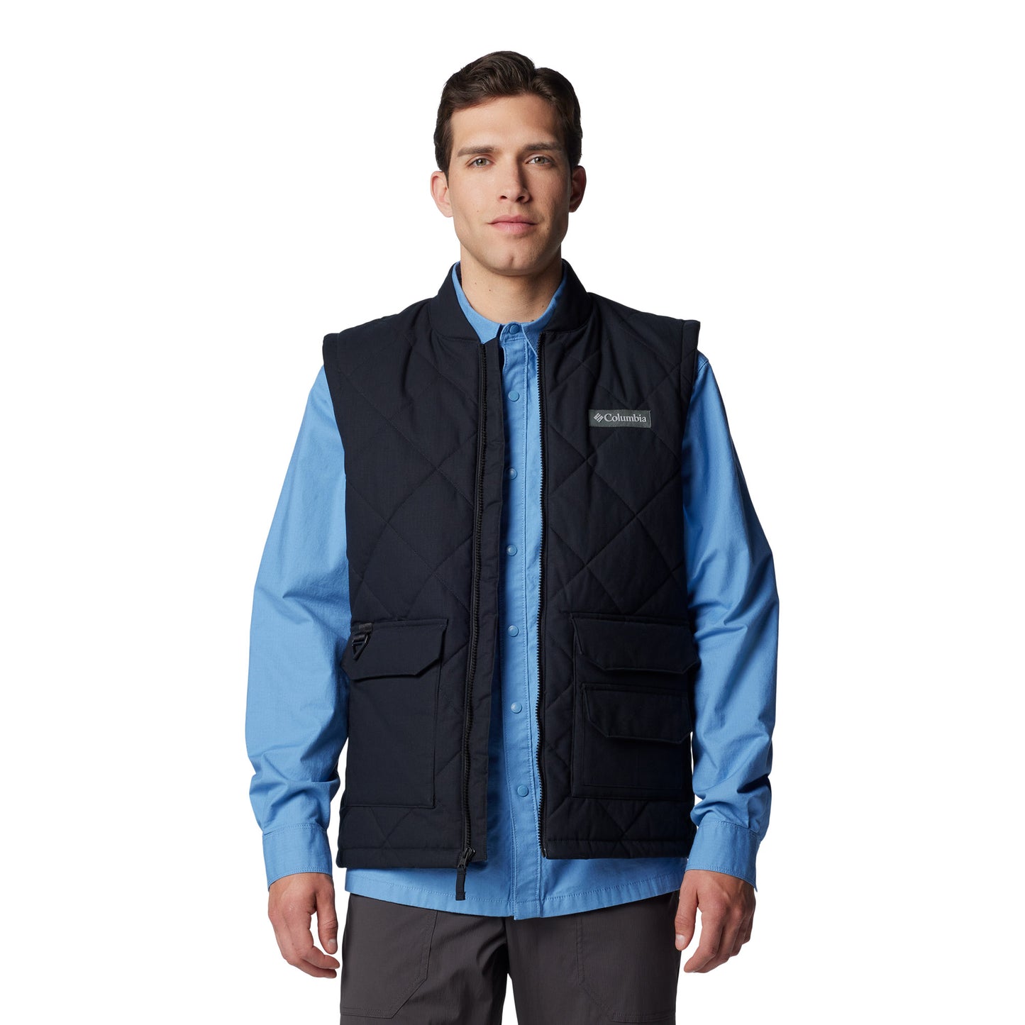 Man wearing Columbia Men's Rad Padded™ Vest in black, front view, unzipped