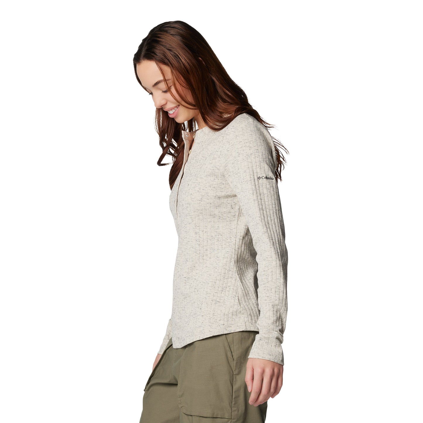 Woman wearing Columbia Women's Brea Falls™ Henley Long Sleeve Shirt in dark stone, side view