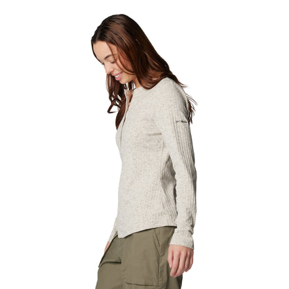 Woman wearing Columbia Women's Brea Falls™ Henley Long Sleeve Shirt in dark stone, side view