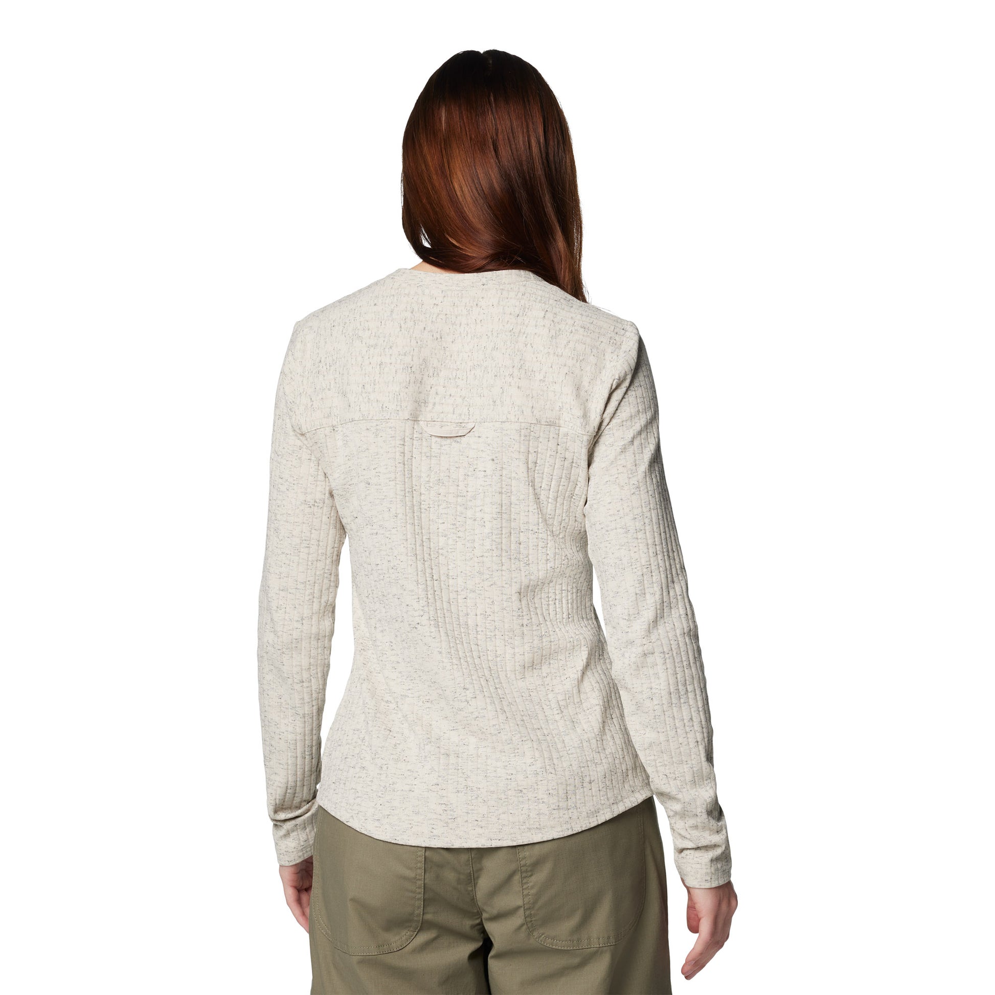 Woman wearing Columbia Women's Brea Falls™ Henley Long Sleeve Shirt in dark stone, back view