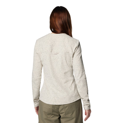 Woman wearing Columbia Women's Brea Falls™ Henley Long Sleeve Shirt in dark stone, back view