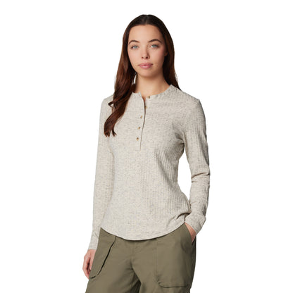 Woman wearing Columbia Women's Brea Falls™ Henley Long Sleeve Shirt in dark stone, front view