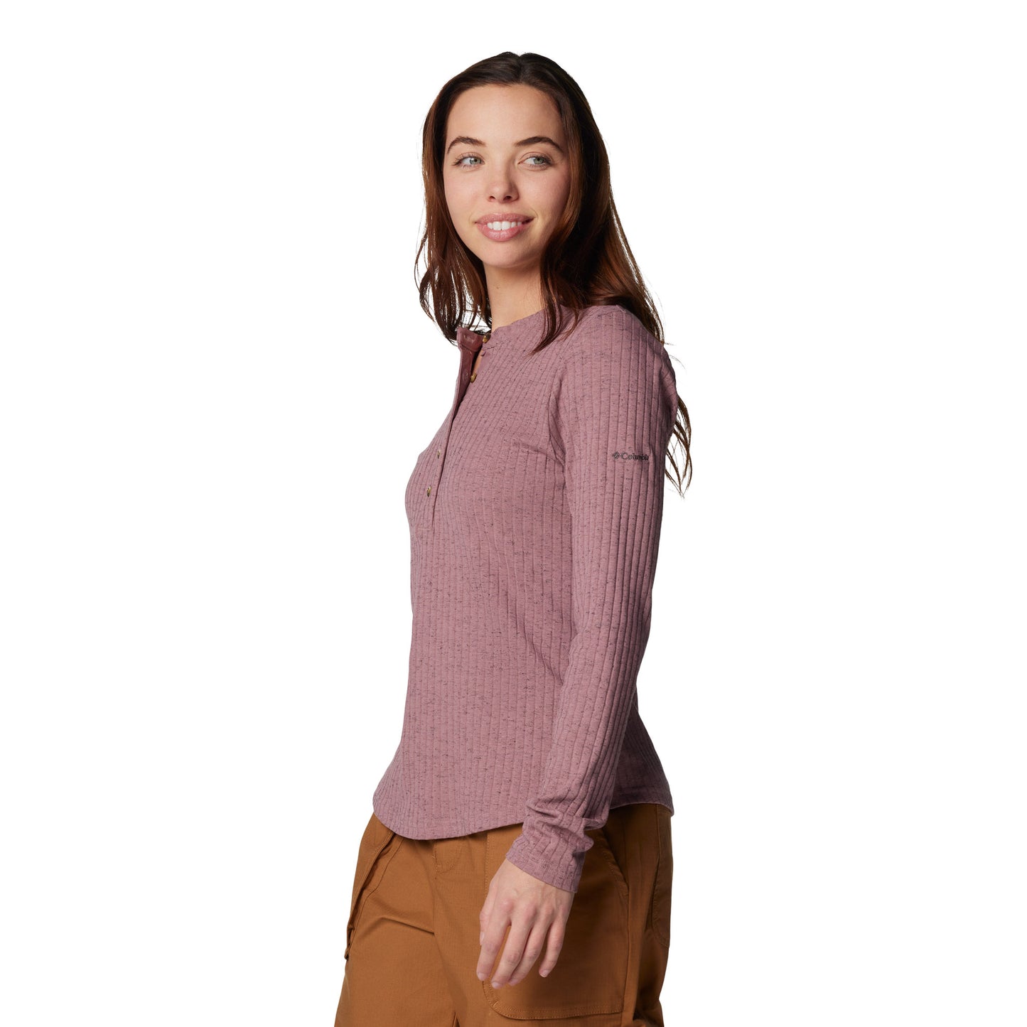 Woman wearing Columbia Women's Brea Falls™ Henley Long Sleeve Shirt in fig, front angled view