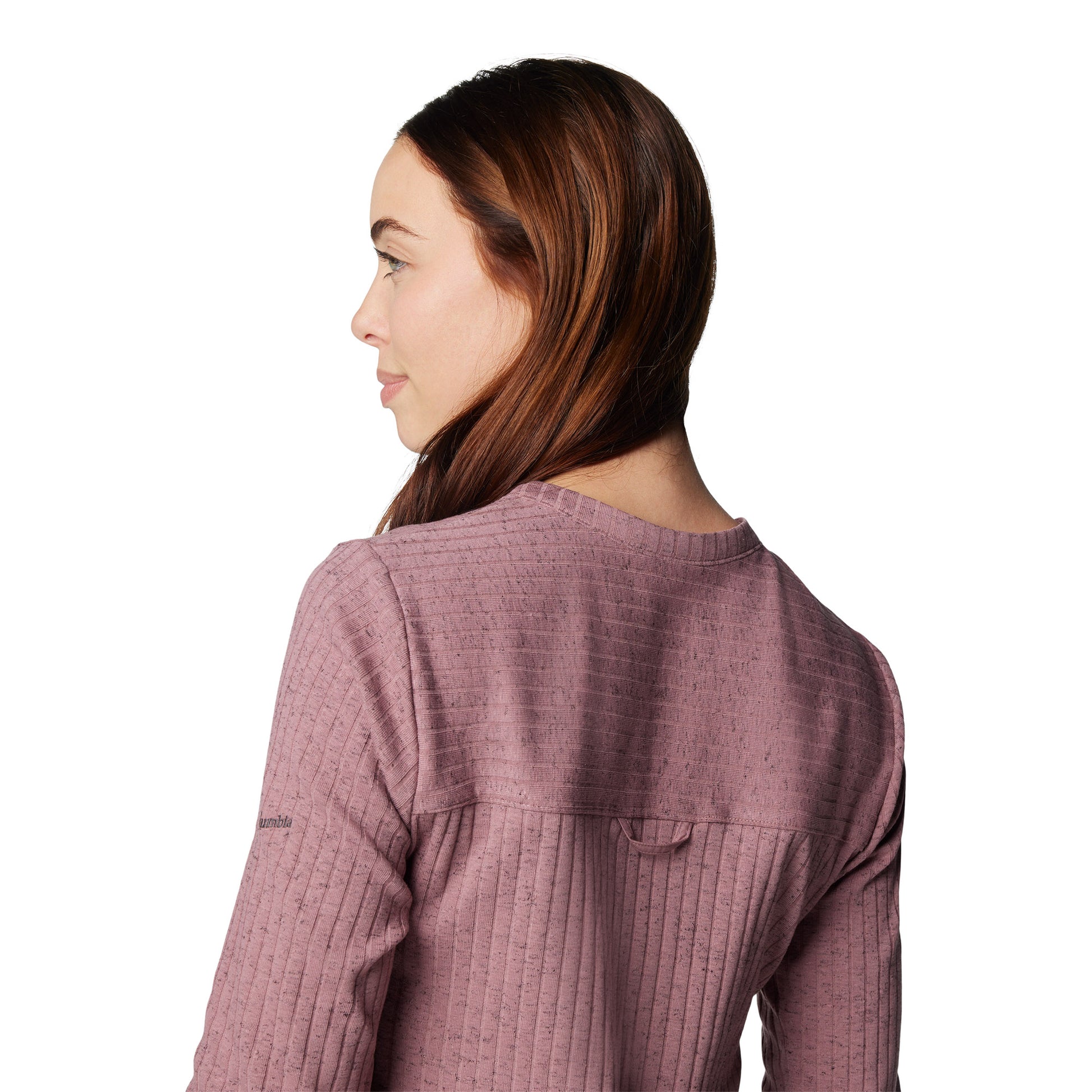 Top back half of woman wearing Columbia Women's Brea Falls™ Henley Long Sleeve Shirt in fig