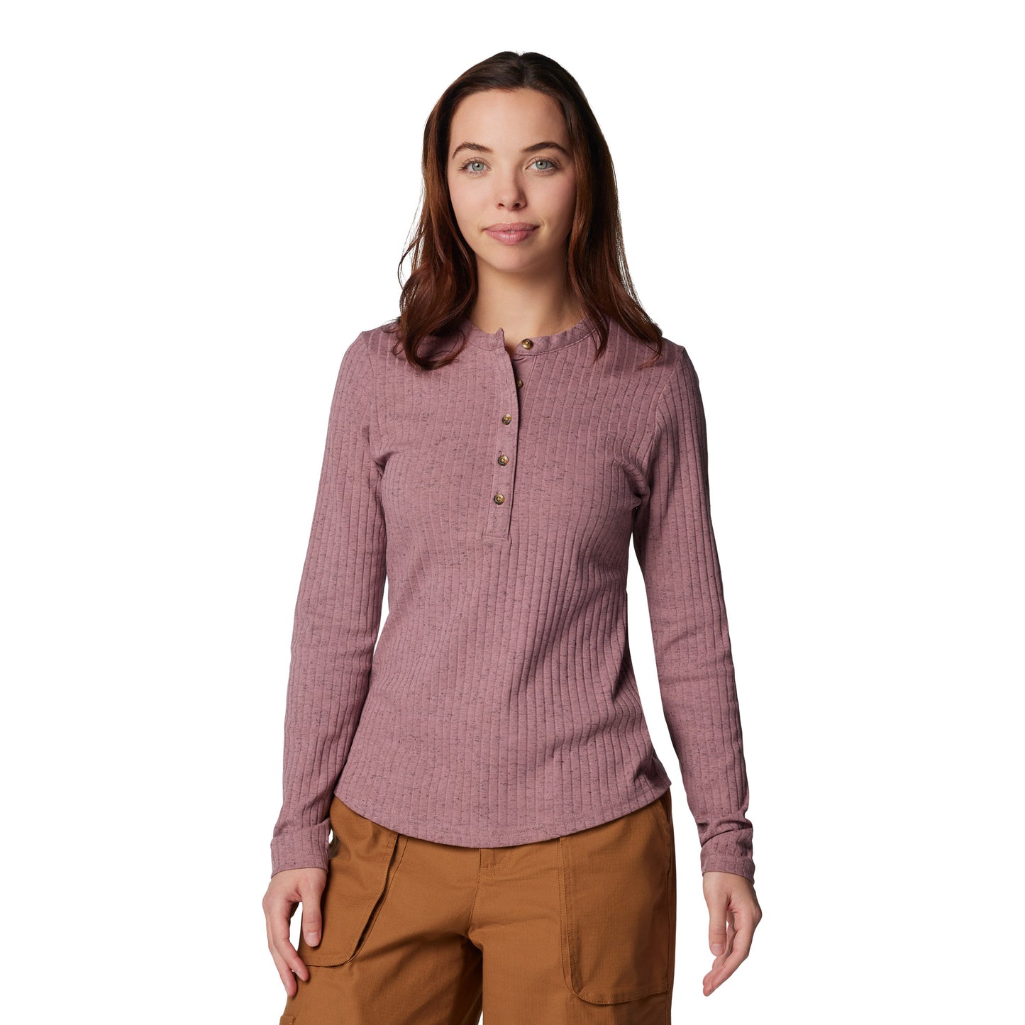 Woman wearing Columbia Women's Brea Falls™ Henley Long Sleeve Shirt in fig, front view