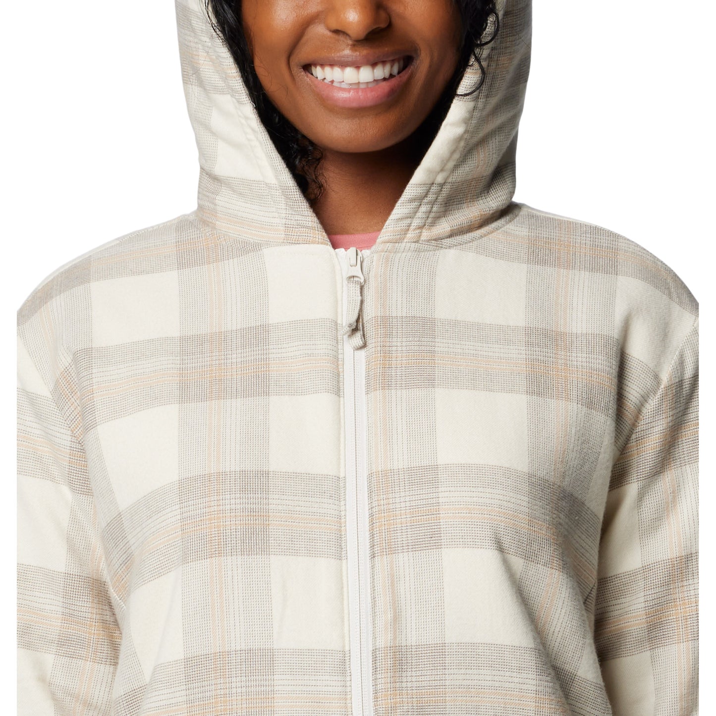 Top half of woman wearing Columbia Women's Holly Hideaway™ Warm Lined Flannel Shirt Jacket in chalk buffalo tartan, front view, zipped up and hood up