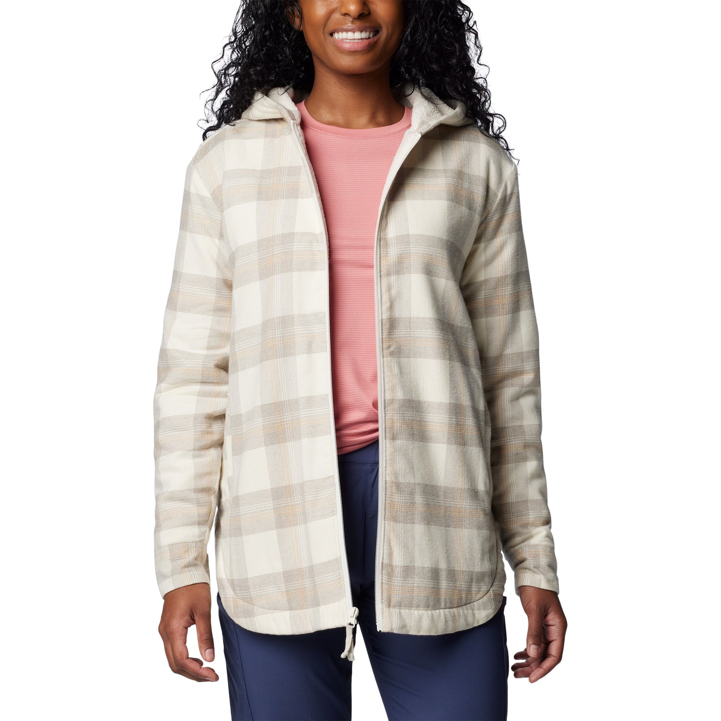 Woman wearing Columbia Women's Holly Hideaway™ Warm Lined Flannel Shirt Jacket in chalk buffalo tartan, front view, unzipped