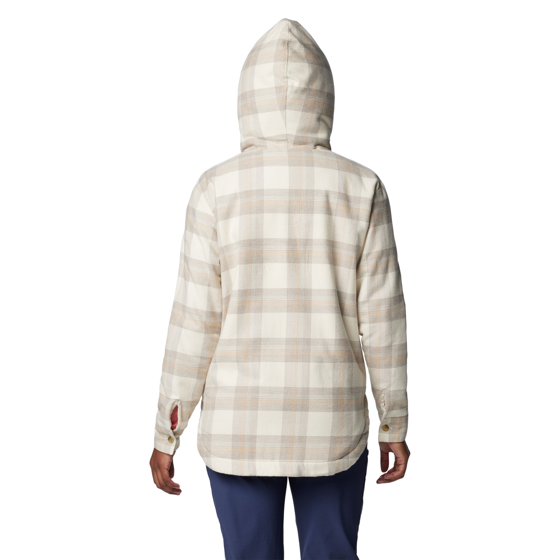 Woman wearing Columbia Women's Holly Hideaway™ Warm Lined Flannel Shirt Jacket in chalk buffalo tartan, back view with hood up