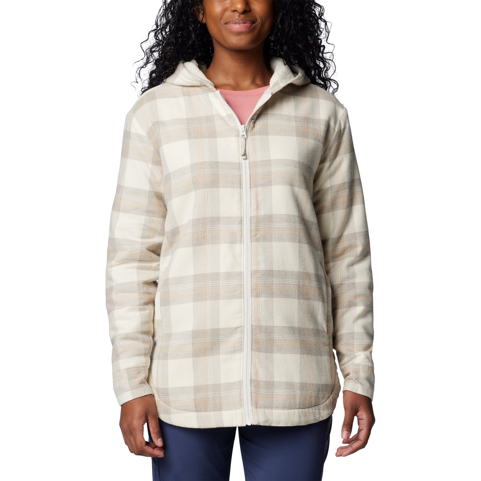 Woman wearing Columbia Women's Holly Hideaway™ Warm Lined Flannel Shirt Jacket in chalk buffalo tartan, front view, zipped up