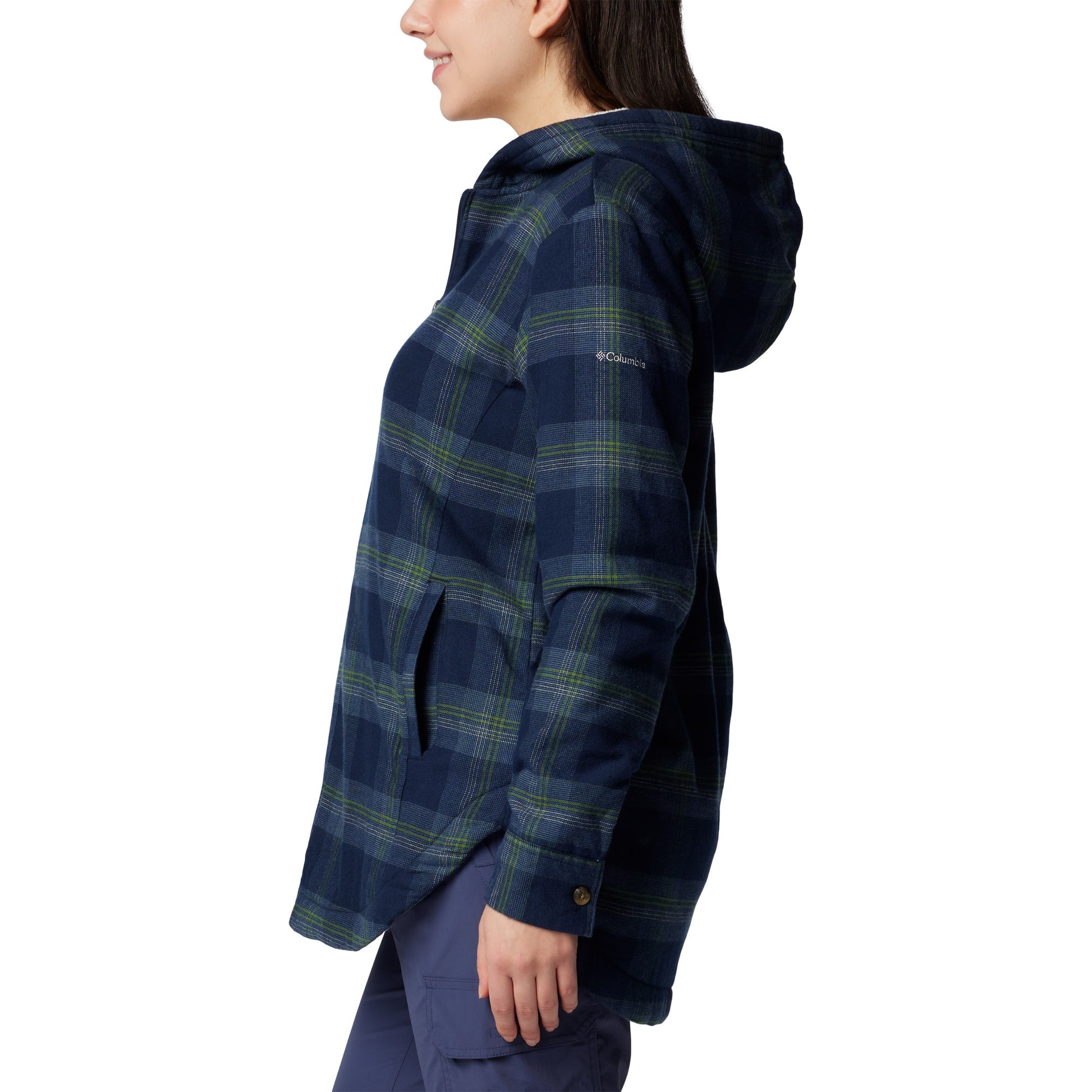 Woman wearing Columbia Women's Holly Hideaway™ Warm Lined Flannel Shirt Jacket in collegiate navy, side view