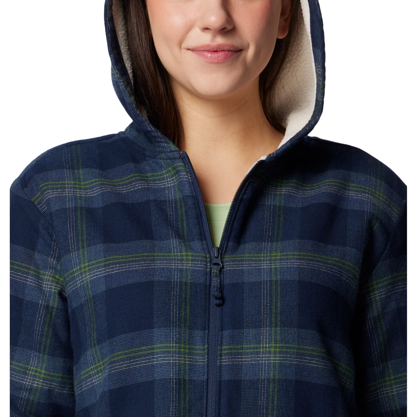 Top half of woman wearing Columbia Women's Holly Hideaway™ Warm Lined Flannel Shirt Jacket in collegiate navy, front view, zipped up and with hood up