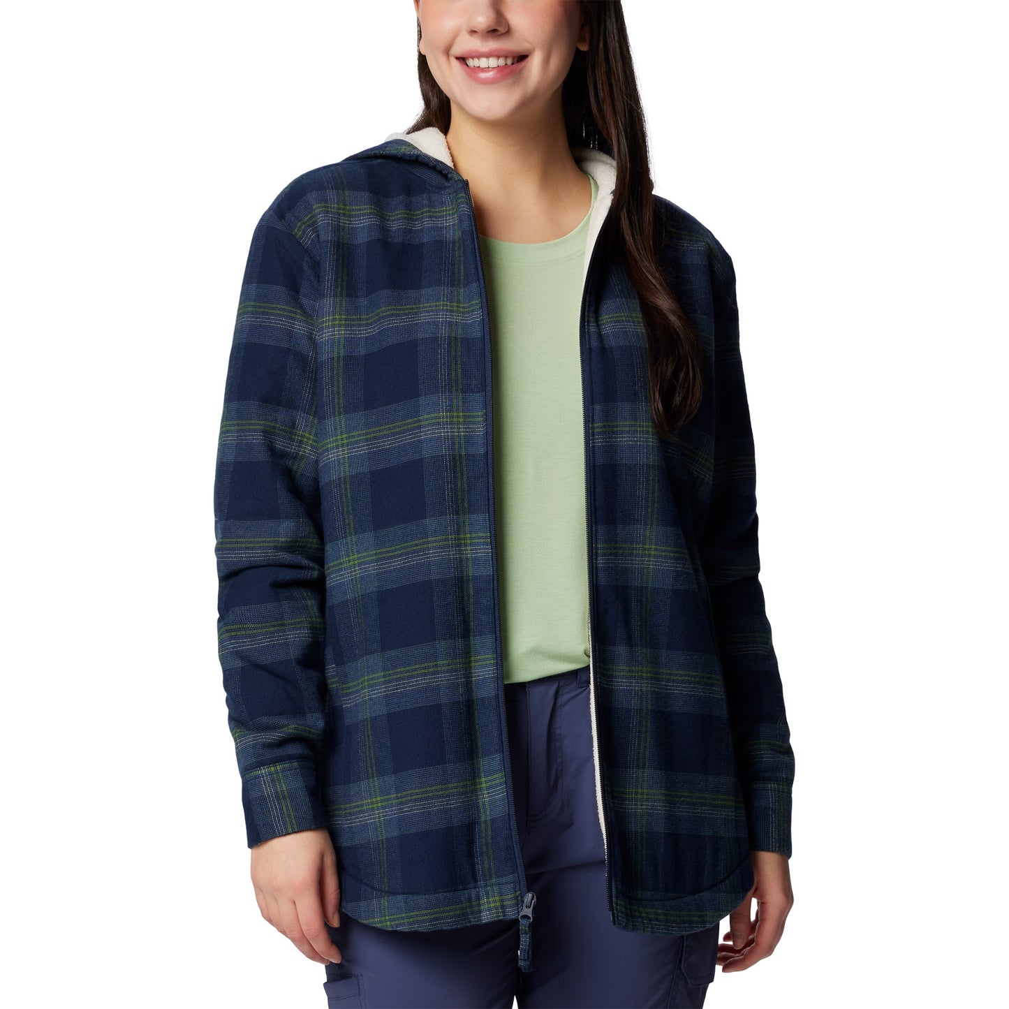 Woman wearing Columbia Women's Holly Hideaway™ Warm Lined Flannel Shirt Jacket in collegiate navy, front view, unzipped