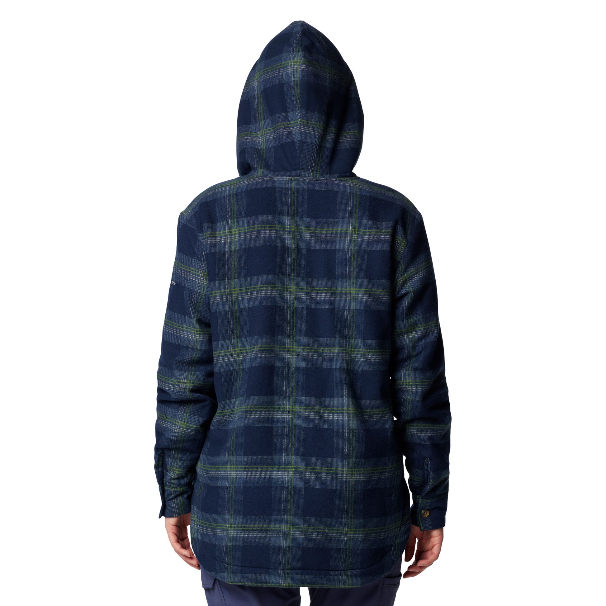 Woman wearing Columbia Women's Holly Hideaway™ Warm Lined Flannel Shirt Jacket in collegiate navy, back view with hood up