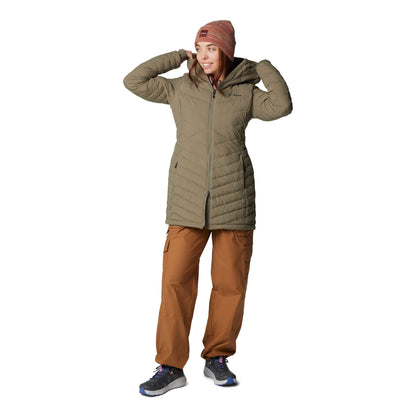 Woman wearing Columbia Women's Joy Peak™ II Mid Hooded Jacket in stone green, front view, zipped up, putting hood on