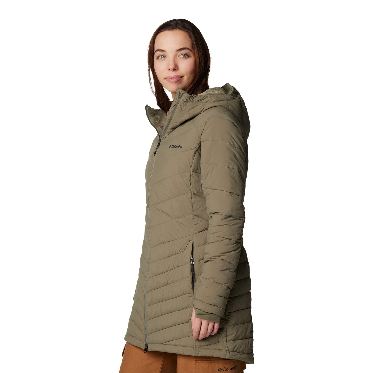 Woman wearing Columbia Women's Joy Peak™ II Mid Hooded Jacket in stone green, side view