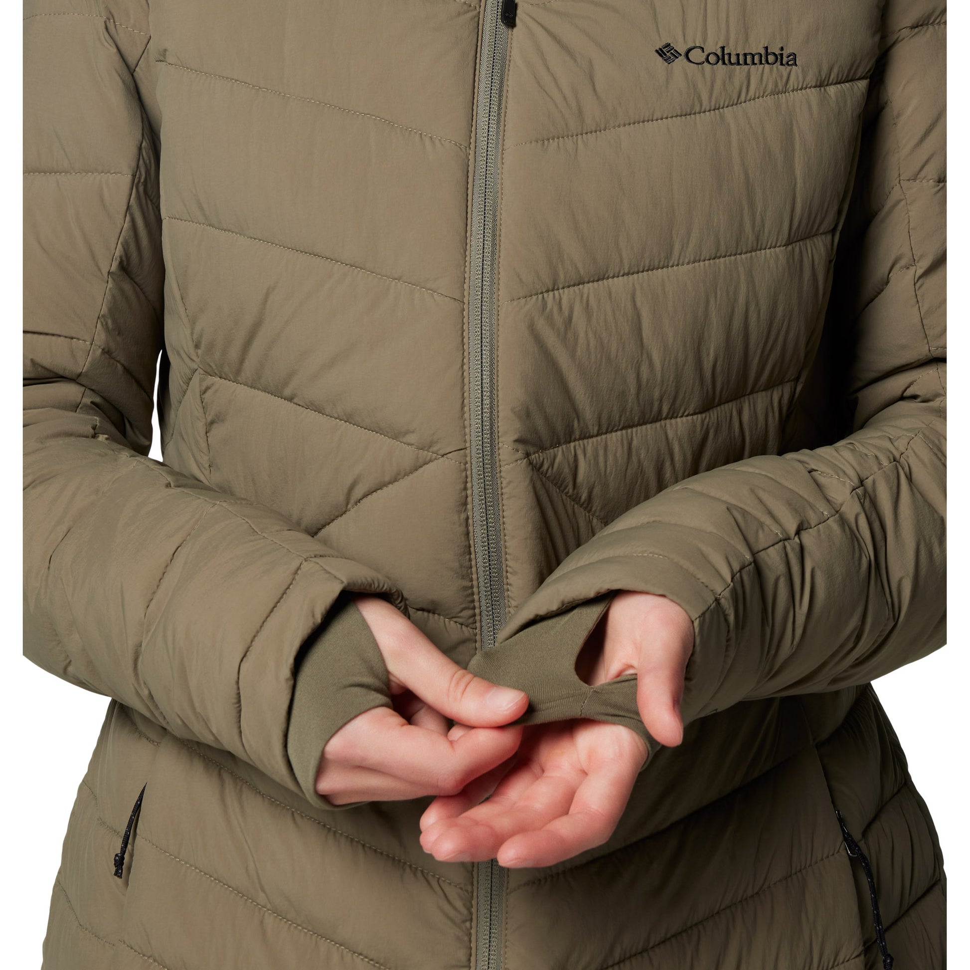 Close up of thumb holes on sleeves of stone green Columbia Women's Joy Peak™ II Mid Hooded Jacket