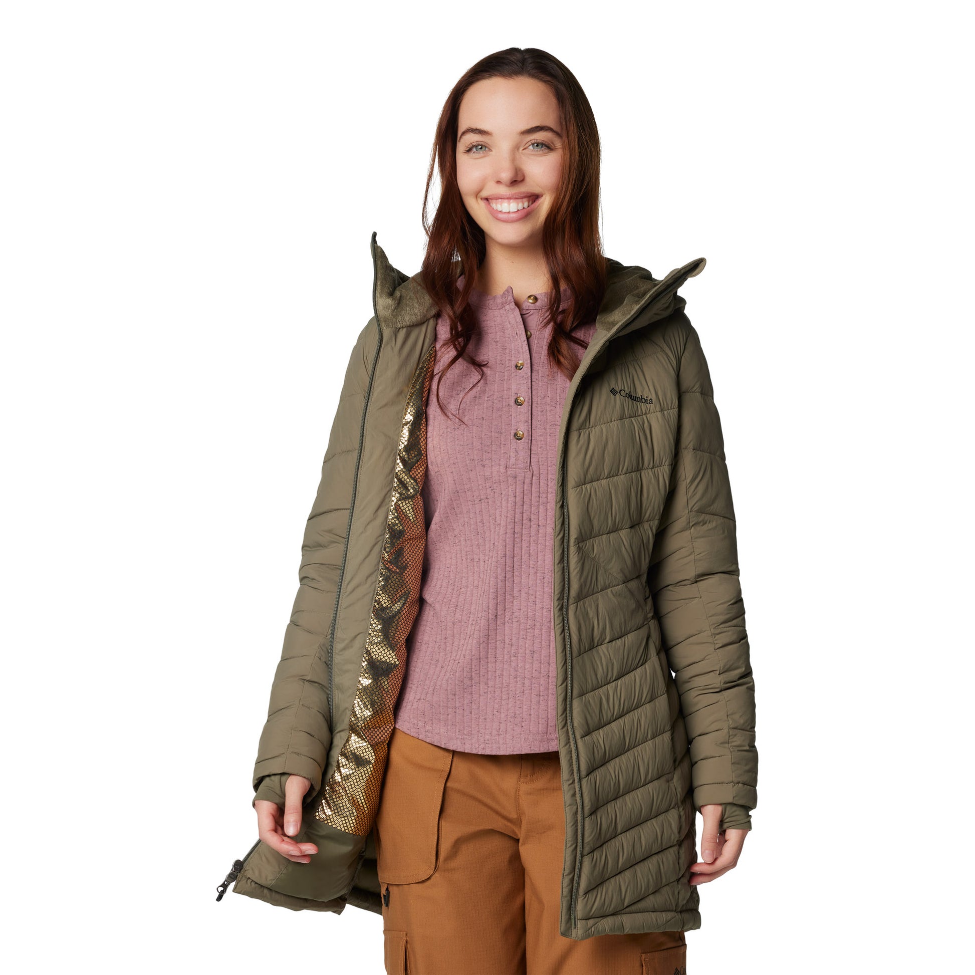 Woman wearing Columbia Women's Joy Peak™ II Mid Hooded Jacket in stone green, front view, unzipped