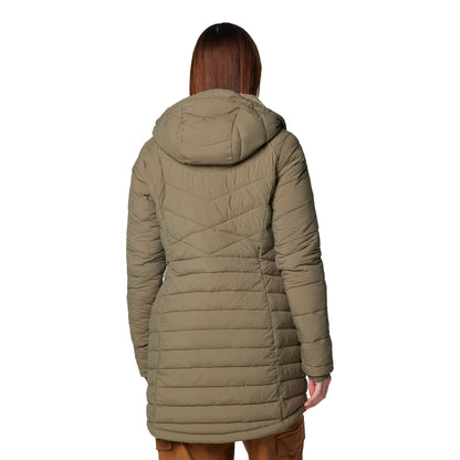 Woman wearing Columbia Women's Joy Peak™ II Mid Hooded Jacket in stone green, back view