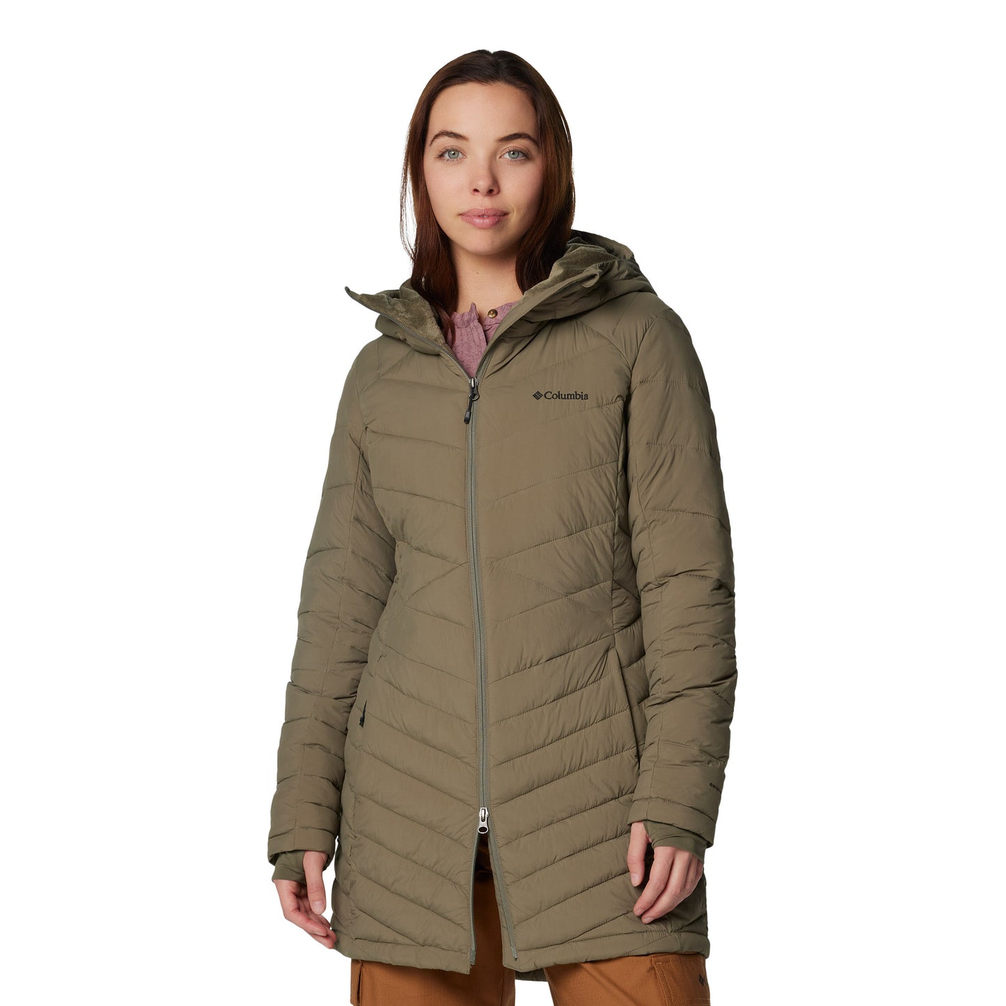 Woman wearing Columbia Women's Joy Peak™ II Mid Hooded Jacket in stone green, front view