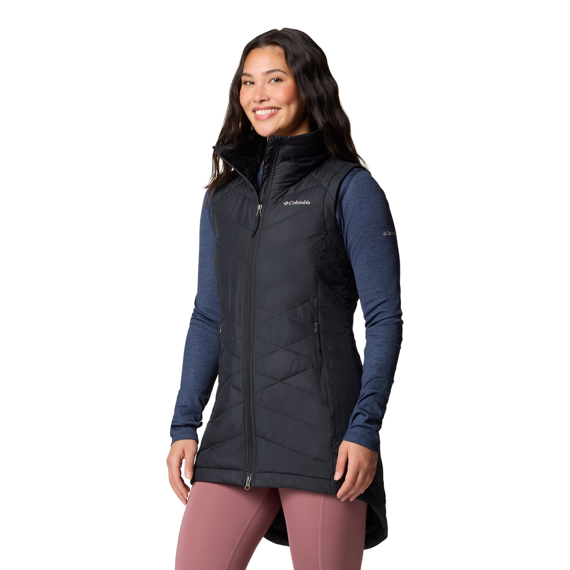 Woman wearing Columbia Women's Heavenly™ II Long Vest in black, front angled view