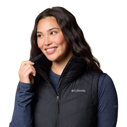 Top half of woman wearing Columbia Women's Heavenly™ II Long Vest in black, front view