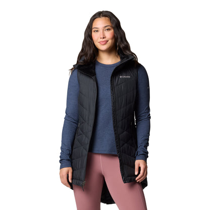 Woman wearing Columbia Women's Heavenly™ II Long Vest in black, unzipped