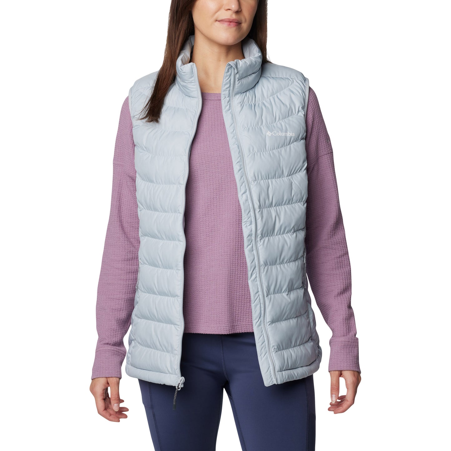 Woman wearing Columbia Women's Powder Lite™ II Vest in cirrus grey, front view, unzipped