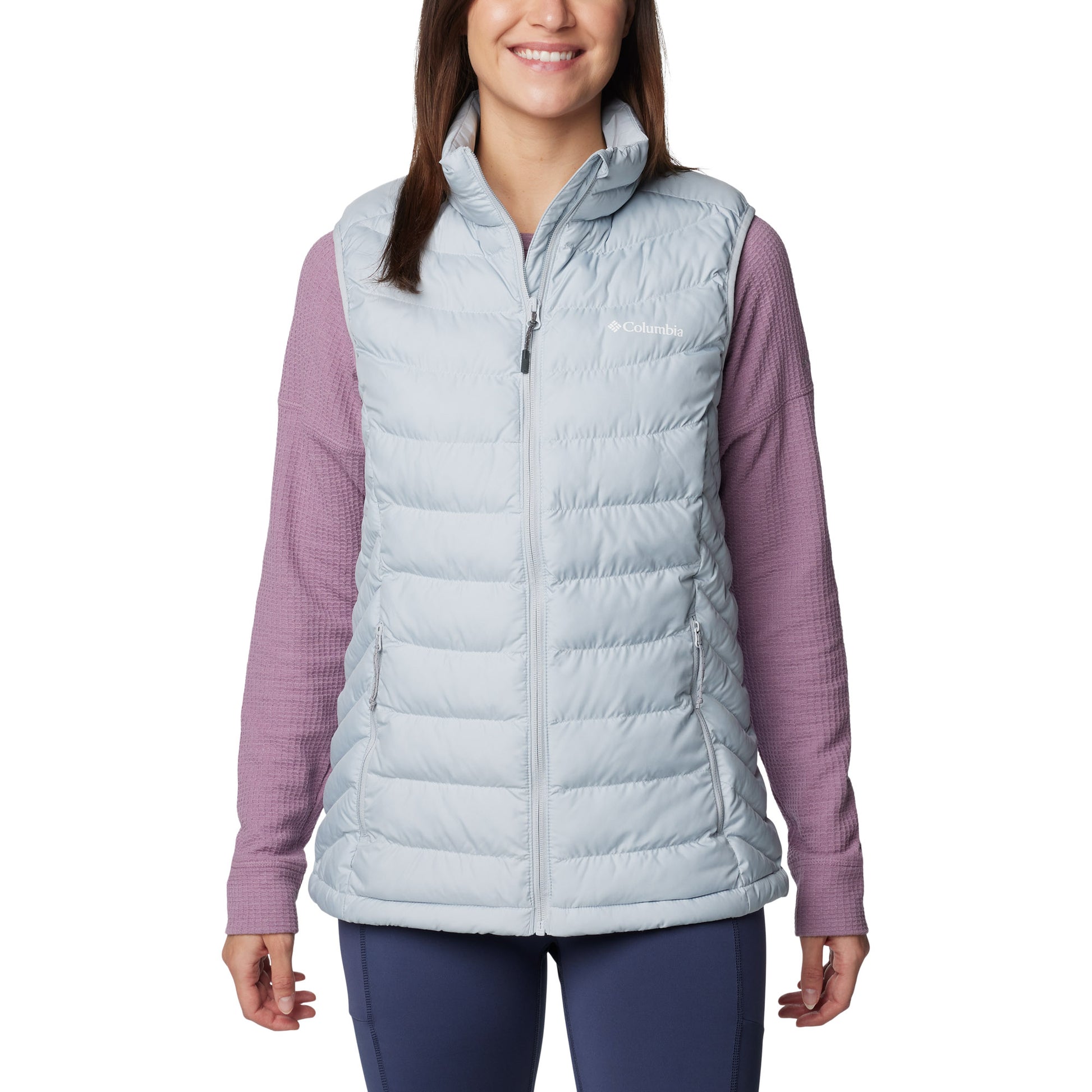 Woman wearing Columbia Women's Powder Lite™ II Vest in cirrus grey, front view