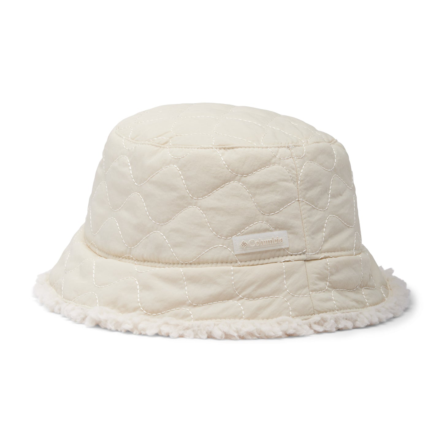 Columbia Winter Pass™ II Reversible Bucket Hat, dark stone, quilted side, front view with Columbia logo on crown