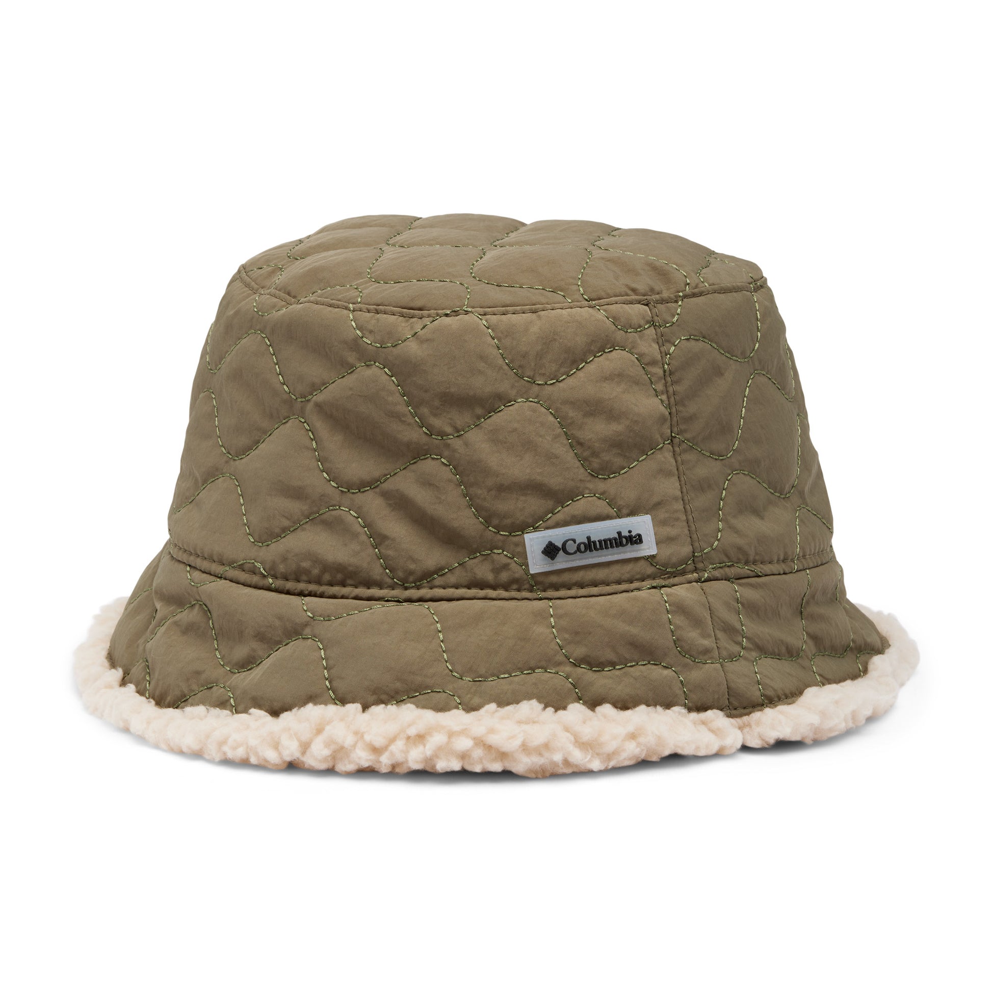 Columbia Winter Pass™ II Reversible Bucket Hat, stone green, quilted side, front view with Columbia logo on crown