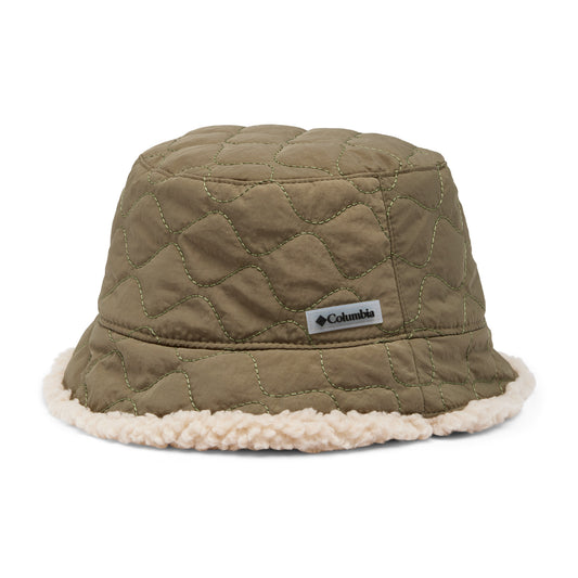 Product Image – Columbia Winter Pass™ II Reversible Bucket Hat, stone green, quilted side, front view with Columbia logo on crown